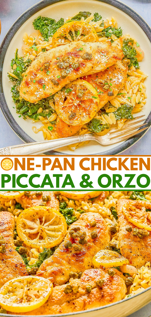 A plate of chicken piccata with lemon slices served over orzo and greens, with a close-up of the dish in a pan below. Text reads: