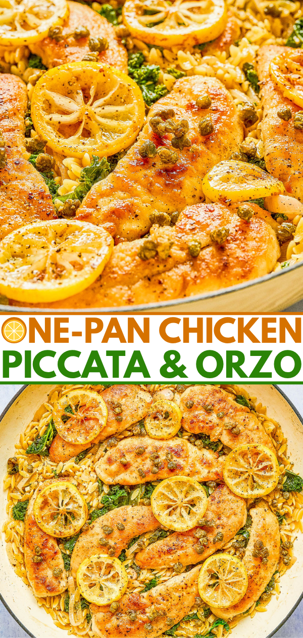 Close-up of a skillet with cooked chicken breasts, lemon slices, capers, and orzo pasta, garnished with herbs, labeled as