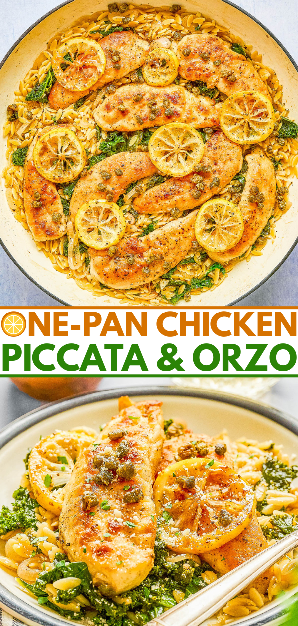 A skillet filled with chicken piccata topped with lemon slices, served over orzo pasta with greens; a plated serving is shown below. Text reads