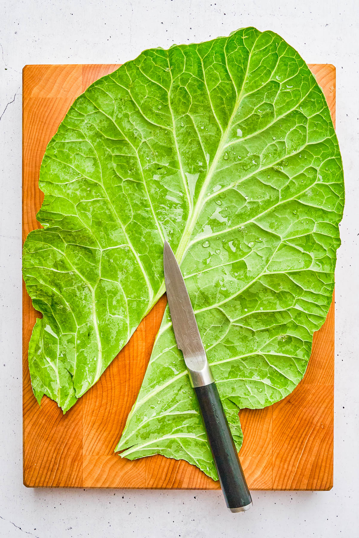 A large collard green leaf on a wooden cutting board with a knife placed on top.
