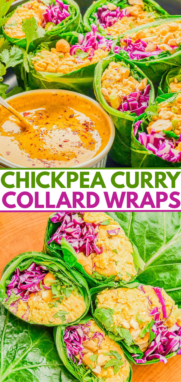 Chickpea curry collard wraps filled with chickpea mixture, shredded red cabbage, and peanuts, served with a bowl of dipping sauce.