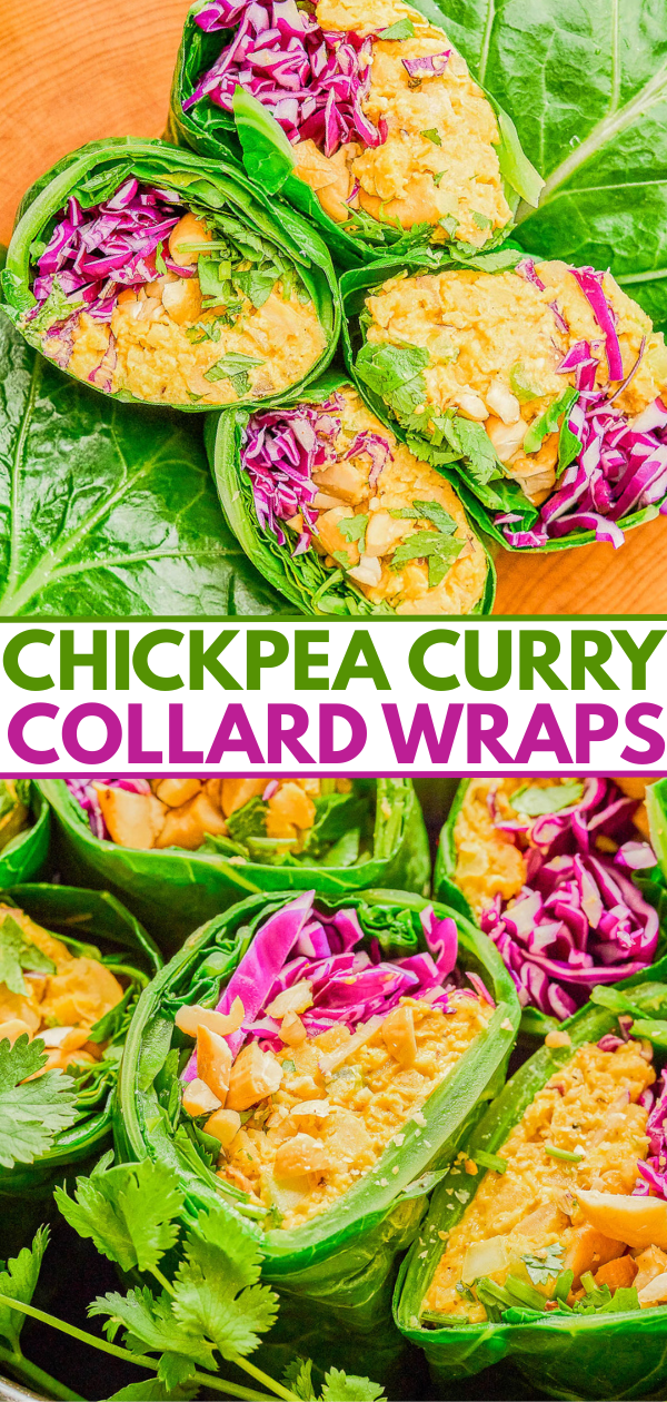 Chickpea curry collard wraps filled with curry chickpea mixture, chopped peanuts, and shredded purple cabbage, arranged on collard green leaves.