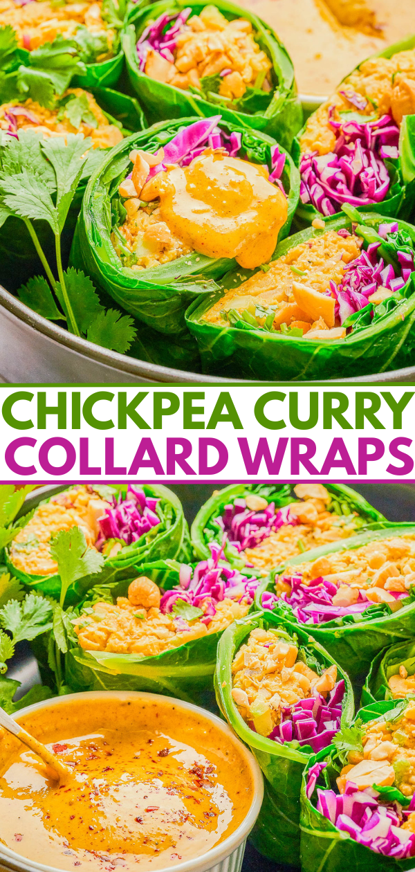 Collard green wraps filled with chickpea curry, chopped cabbage, and sauce, garnished with cilantro, with a bowl of dipping sauce on the side.