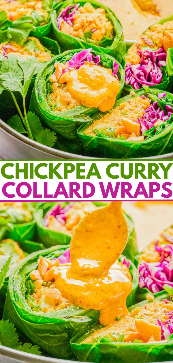 Collard green wraps filled with chickpea curry, shredded cabbage, and chopped nuts, topped with a creamy yellow sauce. Text overlay reads
