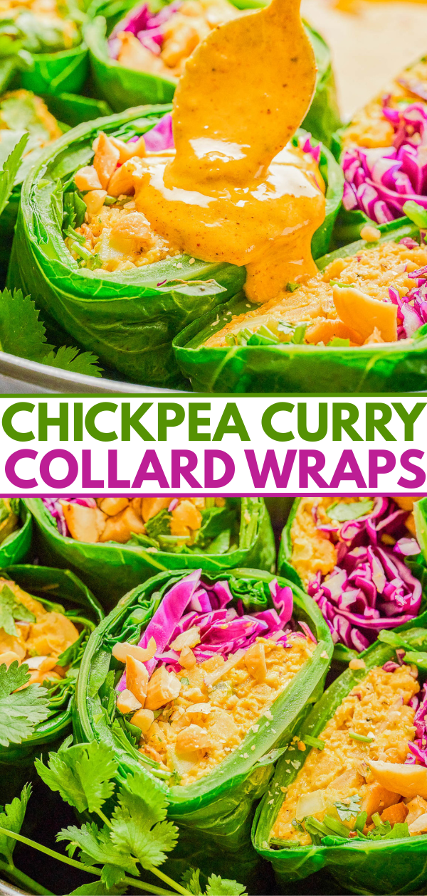 Collard wraps filled with chickpea curry, topped with sliced red cabbage and chopped nuts, being drizzled with a yellow curry sauce.