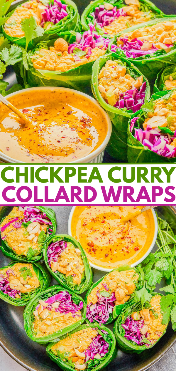 Chickpea curry collard wraps filled with chickpeas, cabbage, and other vegetables, served with a creamy dipping sauce and garnished with cilantro.