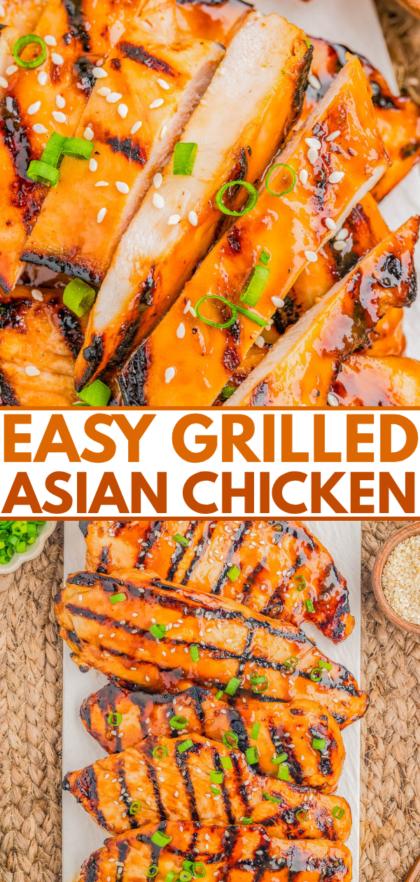 Grilled chicken breasts sliced and garnished with sesame seeds and chopped green onions, presented on a platter with the caption