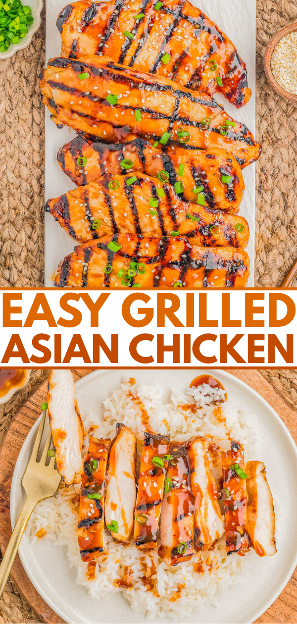 Grilled Asian chicken breasts garnished with green onions and sesame seeds, served sliced over white rice with sauce on a plate.