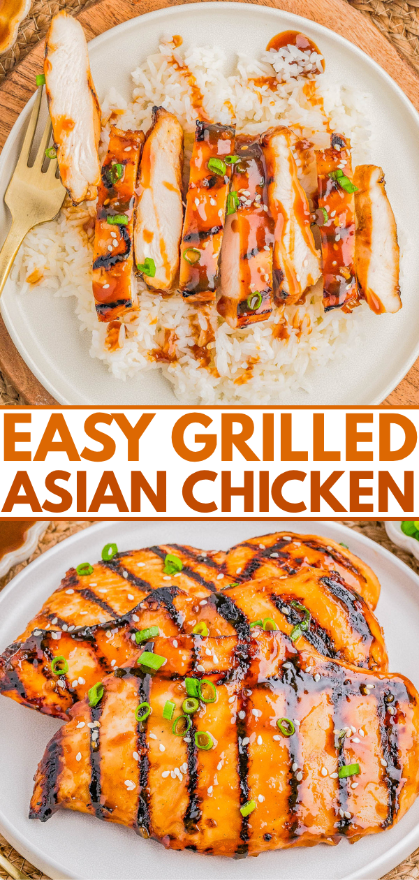 Sliced grilled chicken glazed with sauce, served over rice on a plate, and garnished with chopped green onions and sesame seeds. Text reads