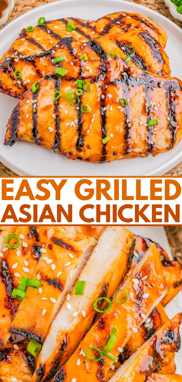 his Grilled Asian Chicken ๐ฏ๐ซ๐ง is marinated in a mixture of soy and teriyaki sauces, honey, garlic, ginger, and more before being grilled to PERFECTION! The marinade keeps the chicken extra juicy and adds a fantastic Asian-inspired flavor profile to jazz up your usual grilled chicken! Grill pan and oven-baking instructions are also provided.