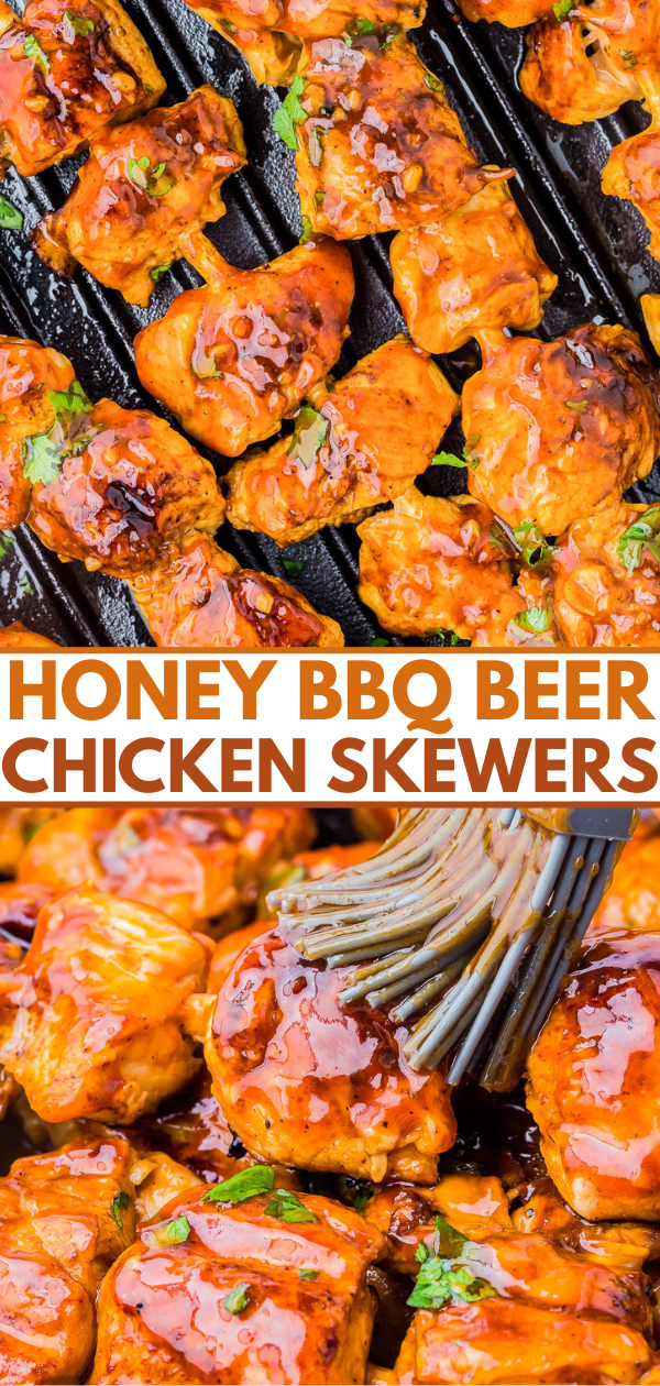 Grilled chicken skewers coated in a glossy honey BBQ beer sauce, garnished with herbs, and being brushed with extra sauce. Text reads 