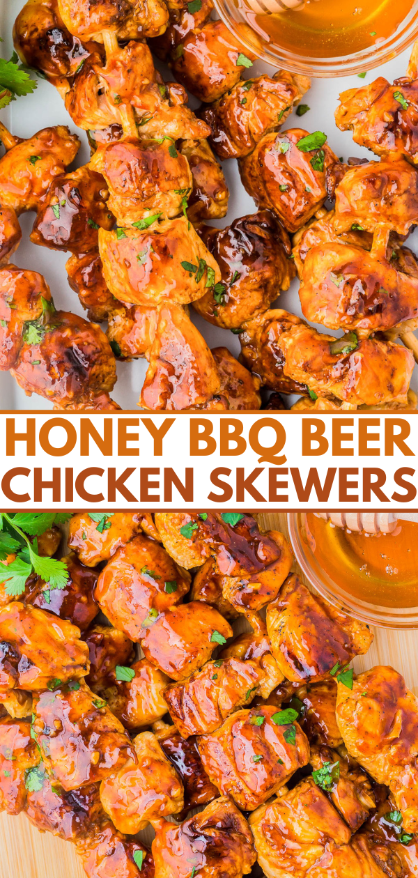 Chicken skewers coated in a glossy honey BBQ beer sauce, garnished with chopped herbs, served with a bowl of dipping sauce on the side.