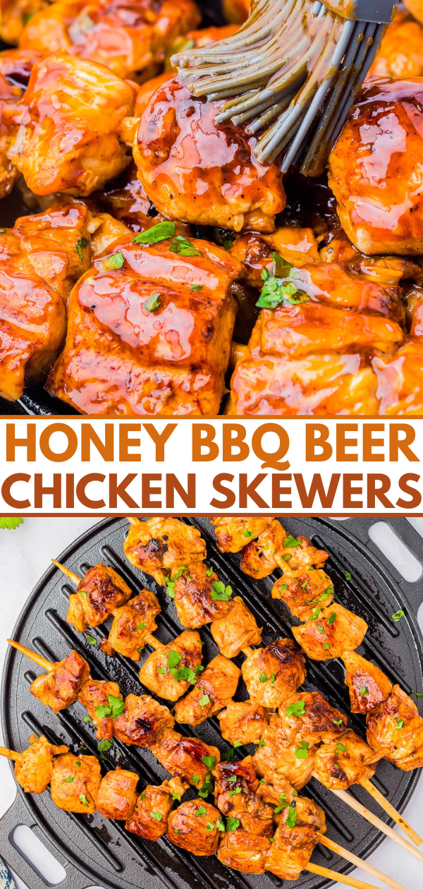 Chicken skewers are brushed with a glossy honey BBQ beer sauce and grilled, then garnished with chopped herbs and served on a round grill pan.