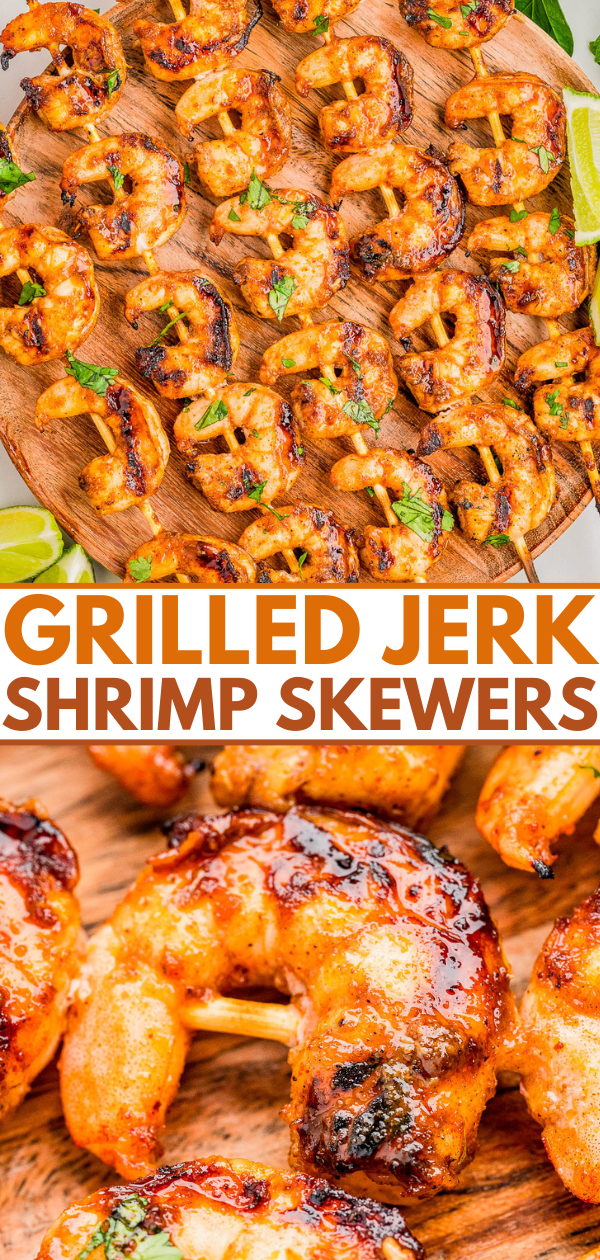 Close-up shots of grilled jerk shrimp skewers on wooden sticks, garnished with herbs, served on a wooden tray with lime wedges.