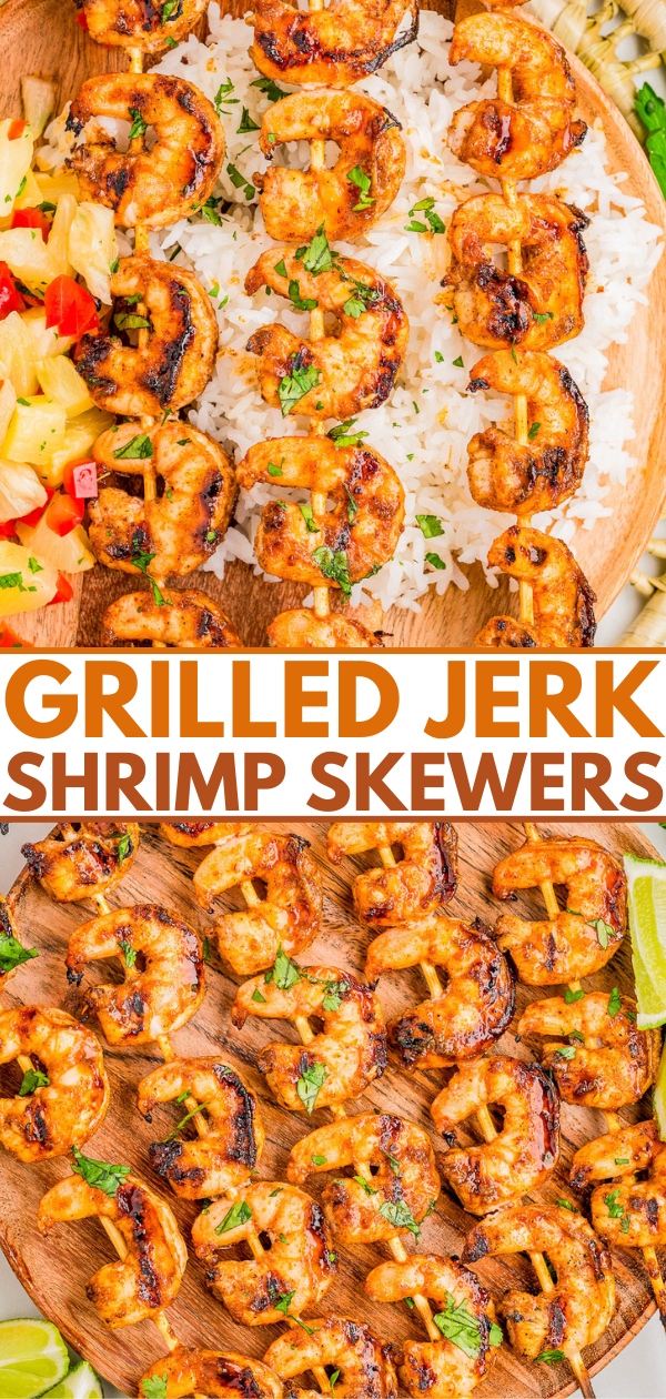 Grilled jerk shrimp skewers served on white rice with a side of pineapple salsa, and displayed on a wooden platter with lime wedges.