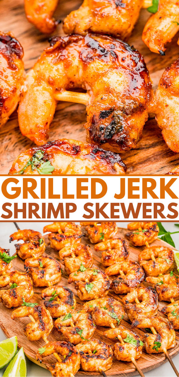 Close-up of grilled shrimp skewers glazed with jerk seasoning, arranged on a wooden platter with lime wedges in the background.