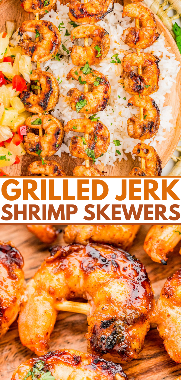 Grilled jerk shrimp skewers served on white rice with chopped herbs, accompanied by pineapple salsa; close-up of shrimp highlighting charred, glazed surface.