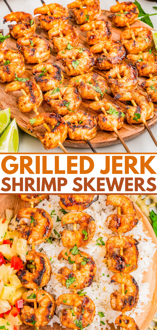 Grilled jerk shrimp skewers on a platter with lime wedges and served over white rice with pineapple salsa.