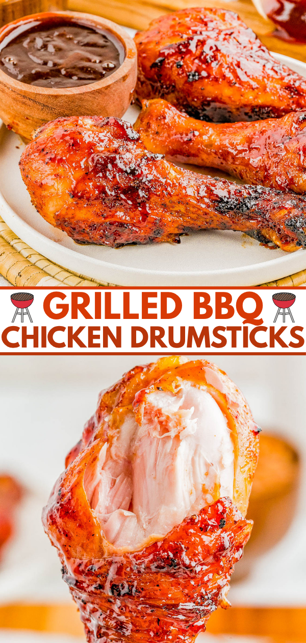 Grilled BBQ chicken drumsticks on a plate with barbecue sauce; close-up shows a drumstick with a bite taken out, revealing cooked white meat inside.