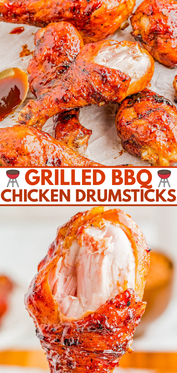 Grilled BBQ chicken drumsticks on parchment paper, with one drumstick partially eaten to show the inside. Text reads: "Grilled BBQ Chicken Drumsticks.