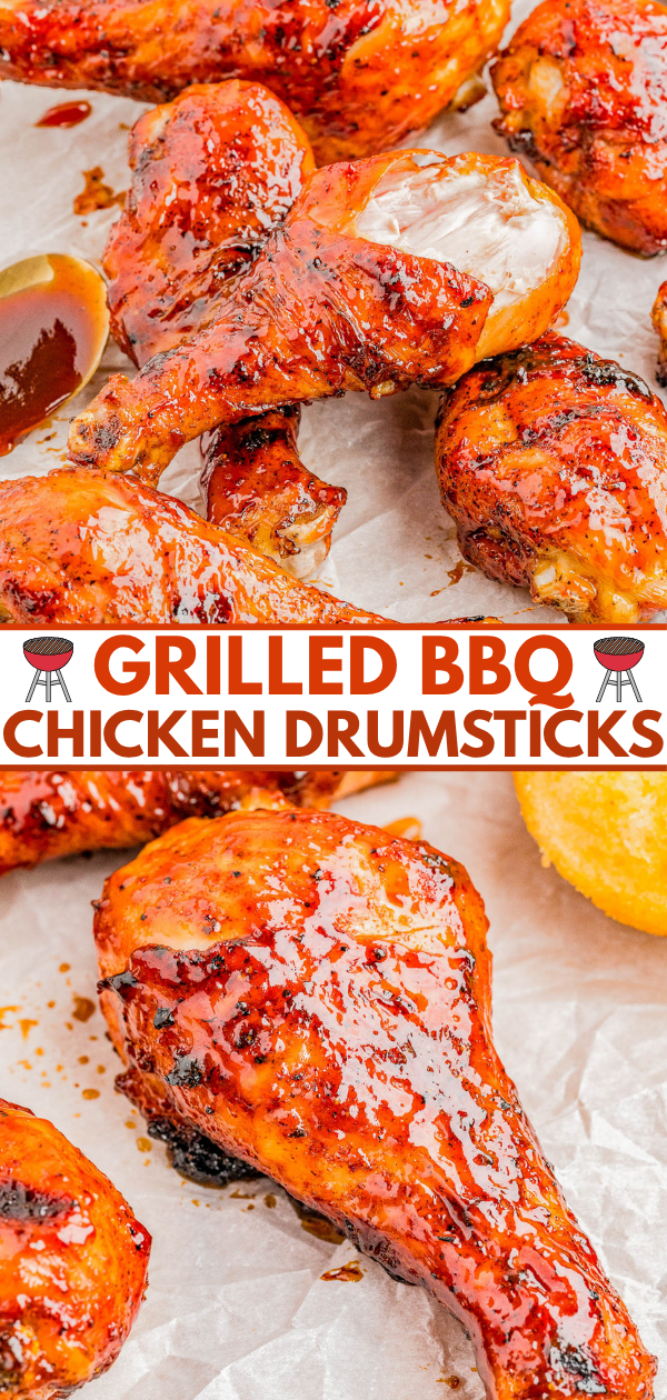 Close-up of glazed grilled BBQ chicken drumsticks on parchment paper, with a text overlay reading “Grilled BBQ Chicken Drumsticks.”.