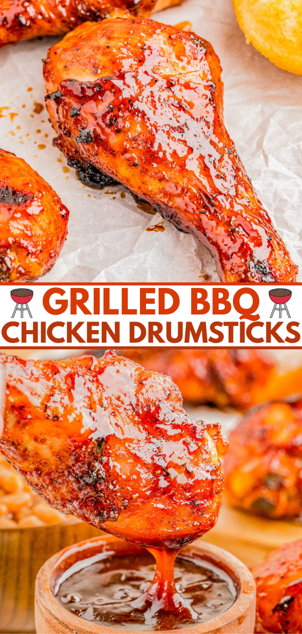 Close-up of glazed grilled BBQ chicken drumsticks, one being dipped into a bowl of sauce, with text reading "Grilled BBQ Chicken Drumsticks.
