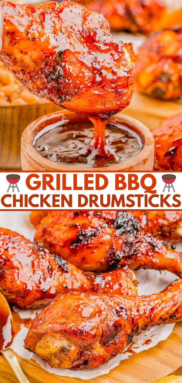 Close-up of grilled BBQ chicken drumsticks being dipped in sauce and arranged on a tray, coated with a glossy, reddish-brown glaze.
