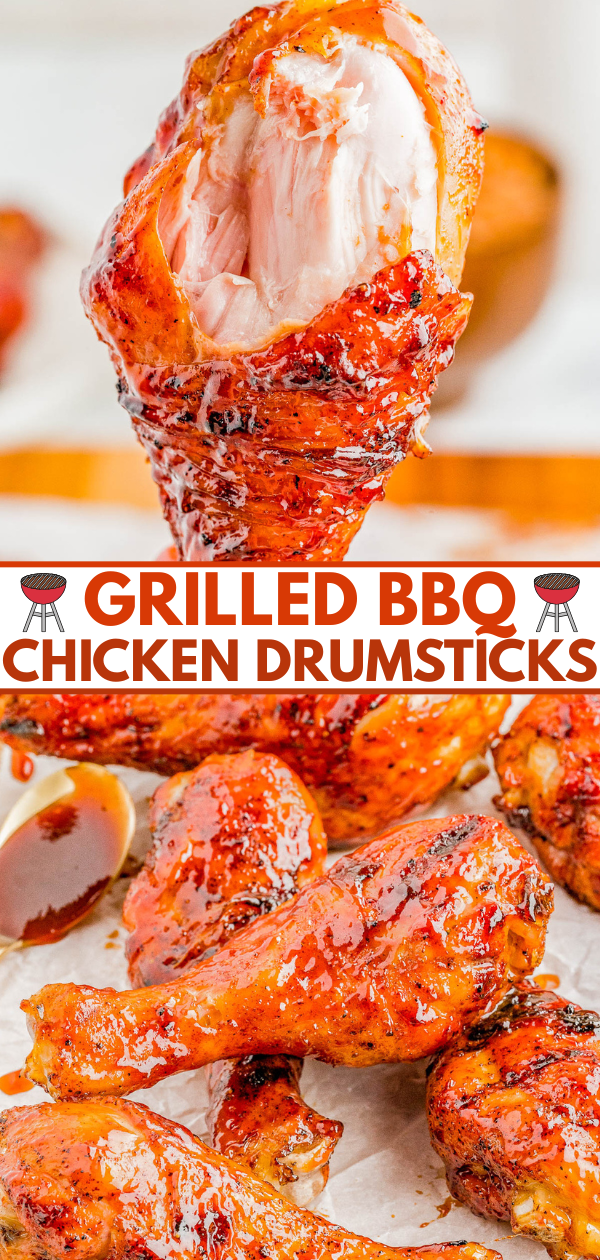 Close-up of grilled BBQ chicken drumsticks with glossy sauce, one drumstick held up showing white meat inside. Text reads "Grilled BBQ Chicken Drumsticks.