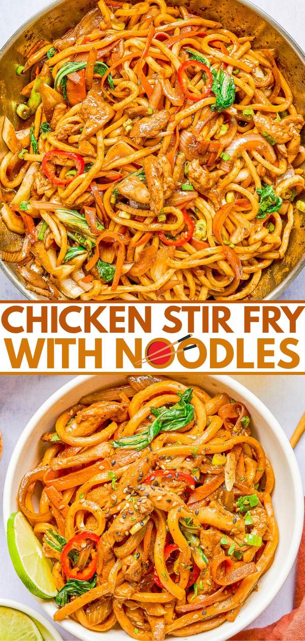 Chicken stir fry with noodles, vegetables, and sliced red chilies in a pan and served in a bowl, garnished with sesame seeds and lime wedge.