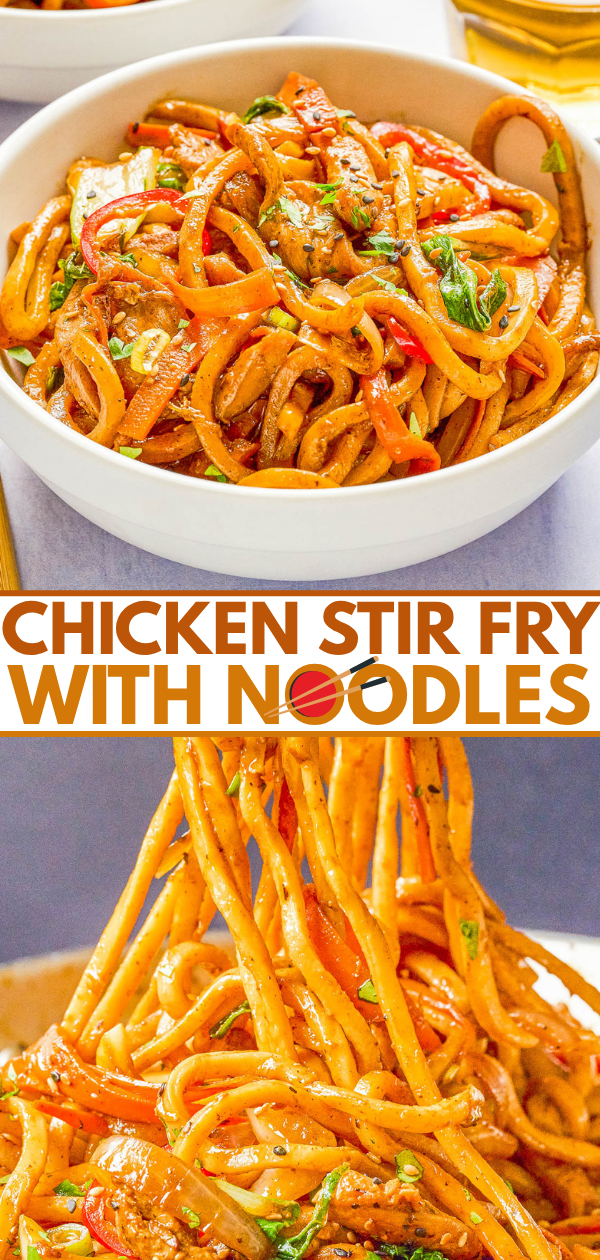 Bowl of chicken stir fry with noodles, red bell peppers, and herbs, with close-up of noodles being lifted by chopsticks. Text reads