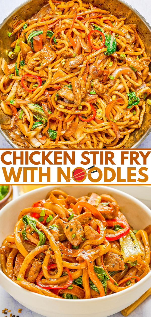 A pan and a bowl of chicken stir fry with noodles, vegetables, and sauce; bold text reading