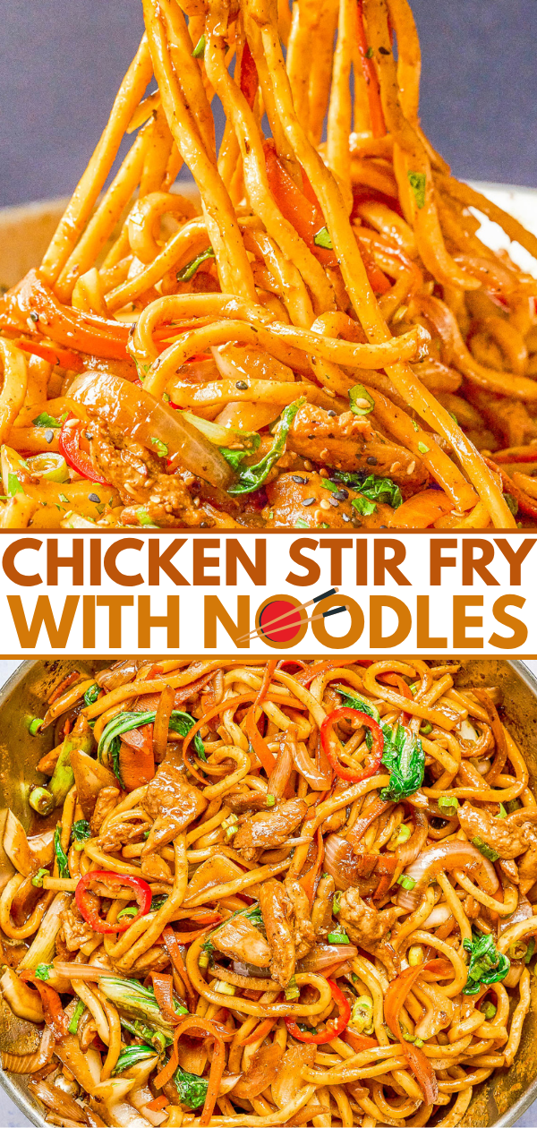 Chicken stir fry with noodles, vegetables, and sauce shown in a pan with chopsticks picking up a portion.