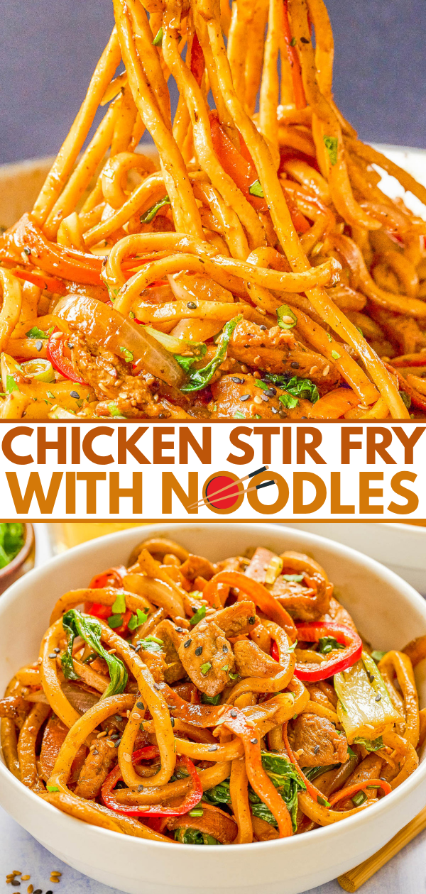A bowl of chicken stir fry with noodles, vegetables, and sauce, with chopsticks lifting a portion; the dish is vibrant and colorful.