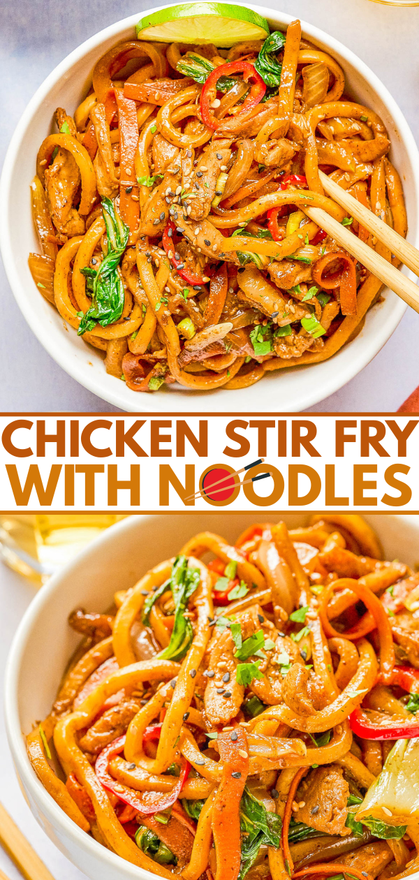 Bowl of chicken stir fry with noodles, vegetables, and sesame seeds, garnished with herbs. Wooden chopsticks rest on the side of the bowl.