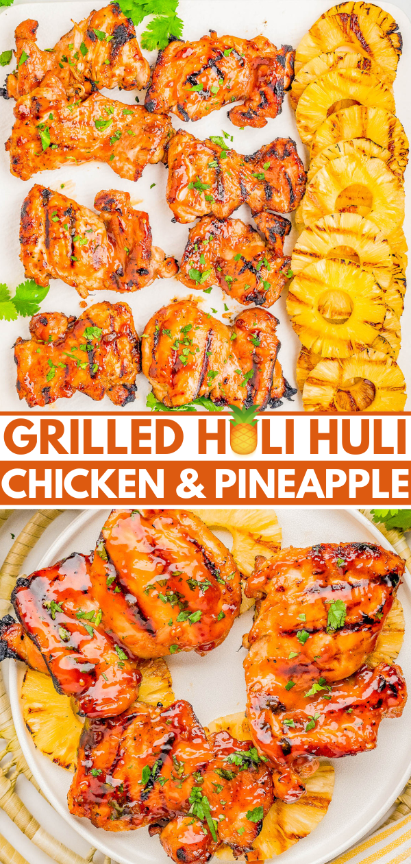 Grilled Huli Huli chicken thighs and pineapple slices arranged on a white plate, garnished with chopped herbs.
