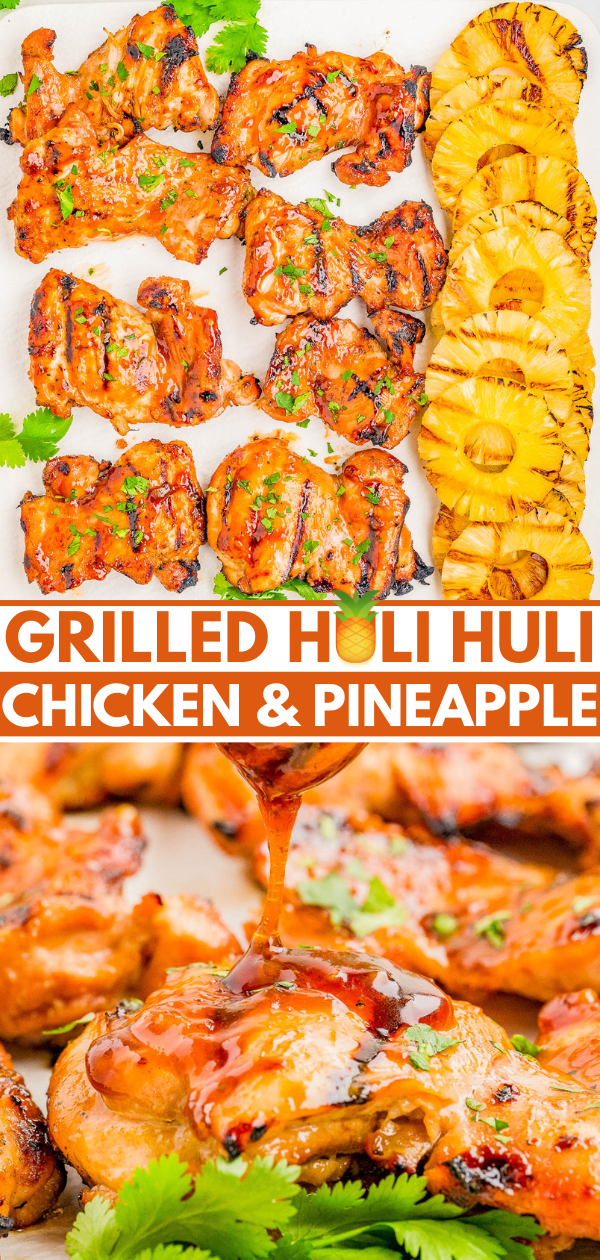 Grilled Huli Huli chicken thighs and pineapple slices arranged on a platter, with sauce being drizzled over the chicken in a close-up shot.