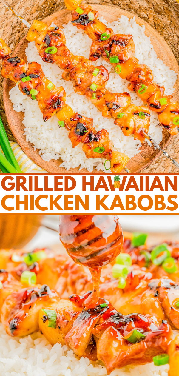 Grilled Hawaiian chicken kabobs served over white rice, garnished with green onions, with sauce being drizzled on top.