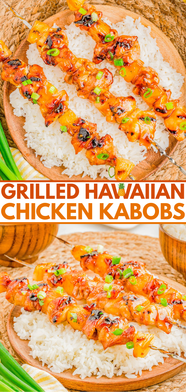 Grilled Hawaiian chicken kabobs served on a bed of white rice, garnished with chopped green onions, presented on wooden plates.
