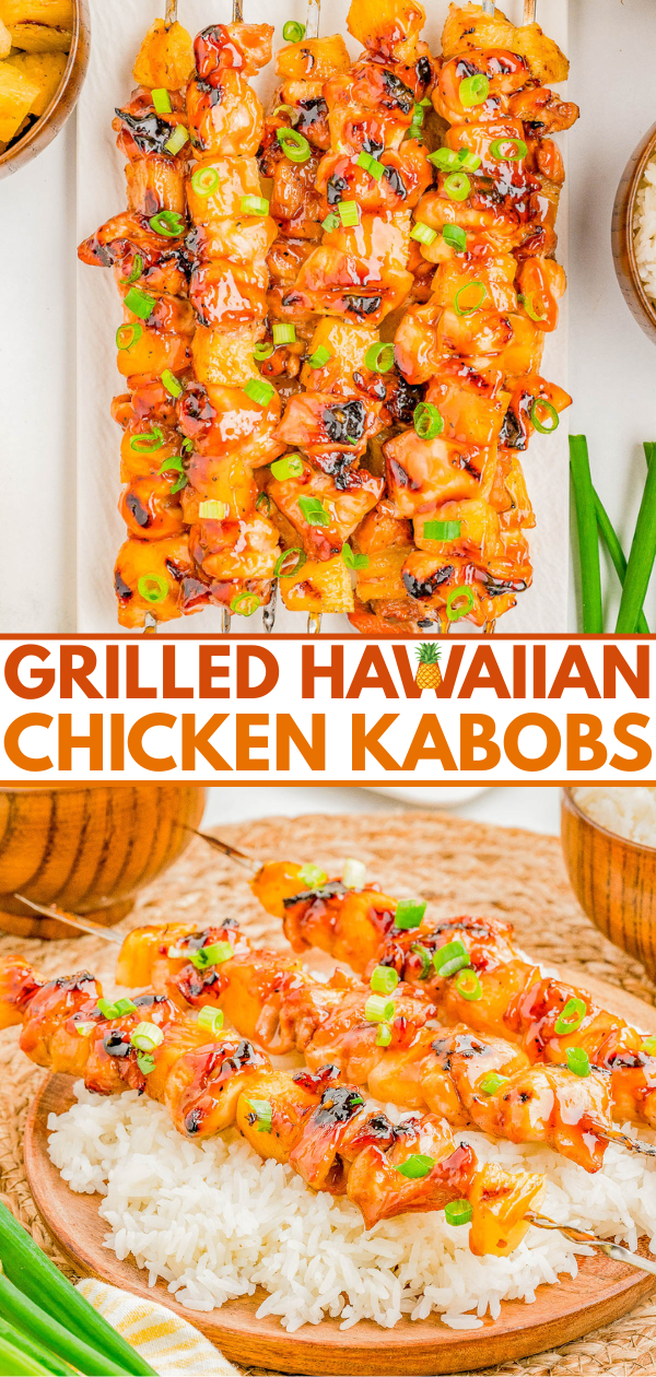 Grilled Hawaiian chicken kabobs with pineapple, bell peppers, and green onions served over white rice, garnished with chopped green onions.