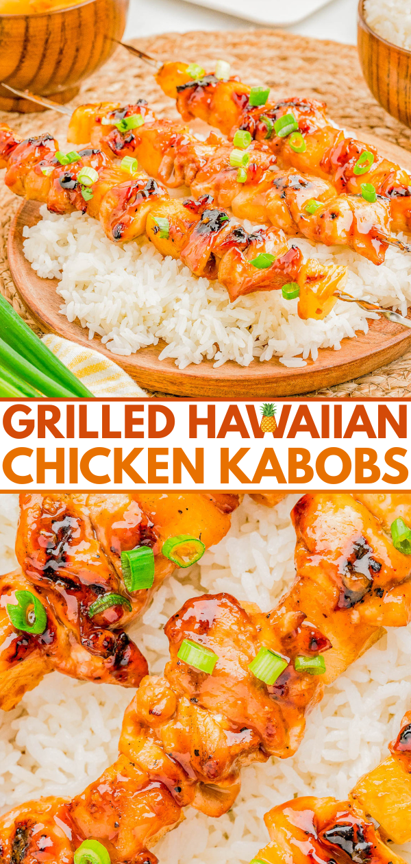 Grilled Hawaiian chicken kabobs with pineapple and green onions served over white rice on a wooden plate.