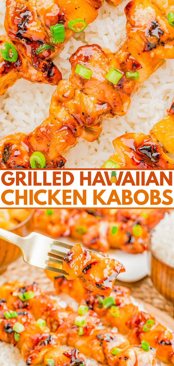 Grilled Hawaiian chicken kabobs with pineapple and green onions served over white rice, shown close-up and being eaten with a fork.
