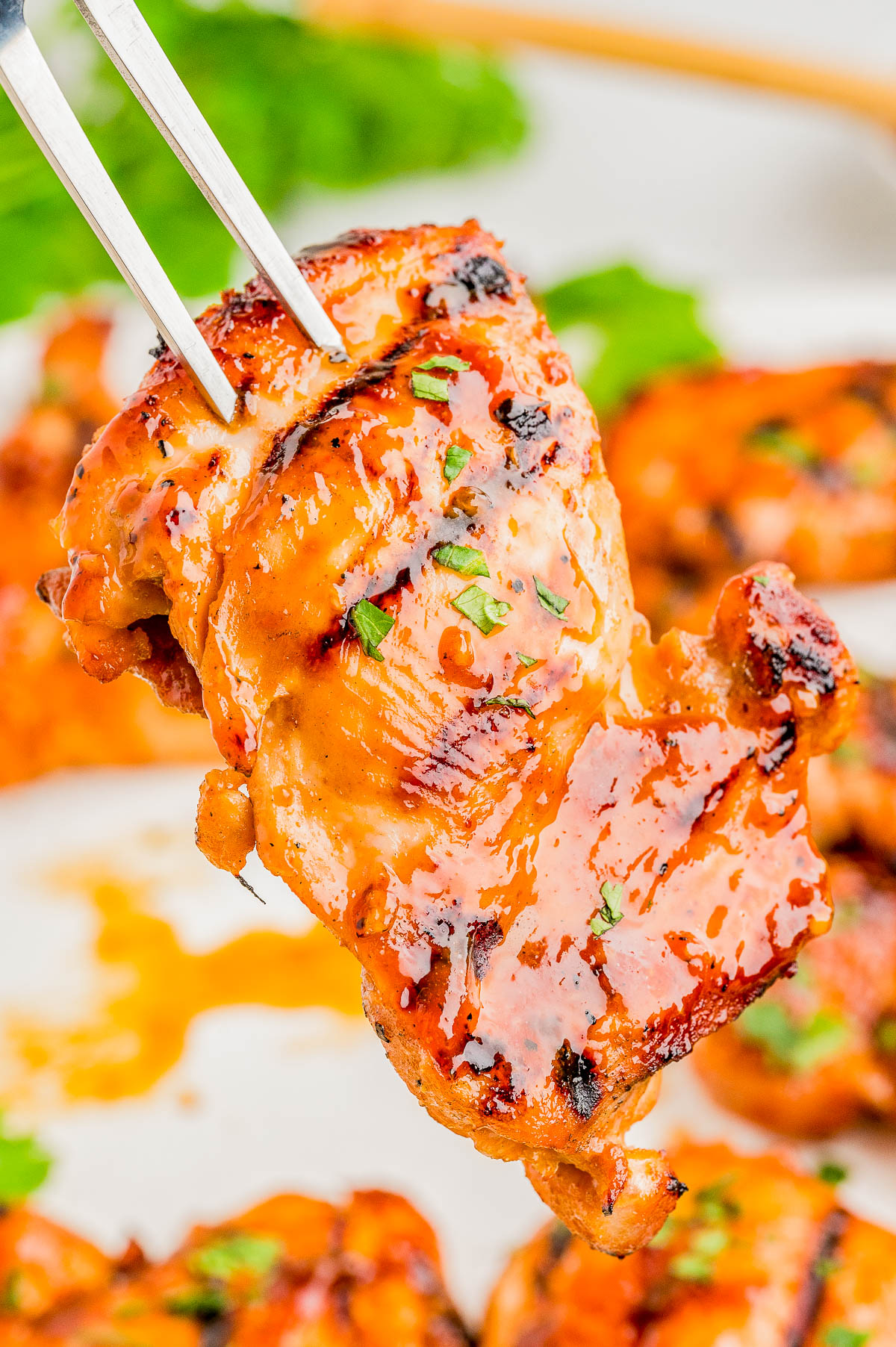 A close-up of a grilled piece of chicken being held by a fork, garnished with herbs and glazed with sauce.