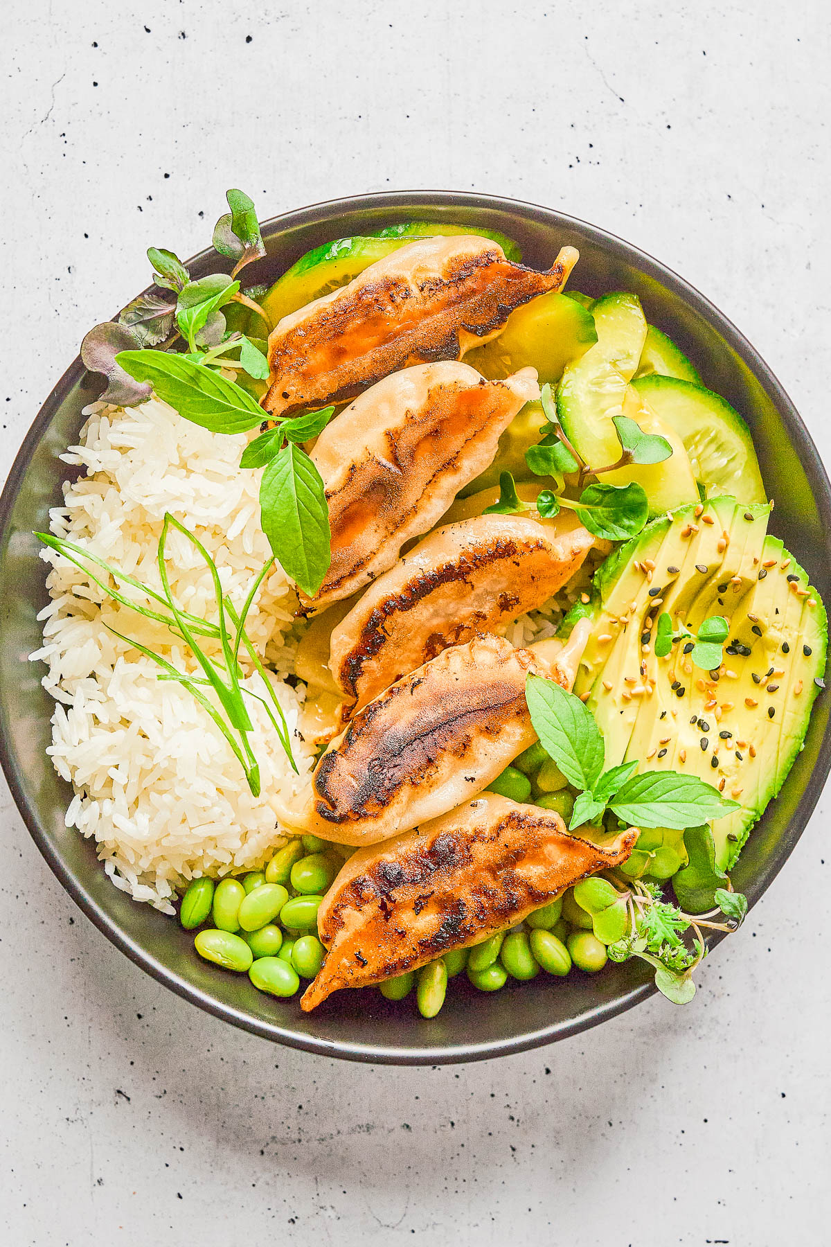 A bowl with white rice, pan-fried dumplings, avocado slices topped with sesame seeds, cucumber, edamame, and fresh herbs.
