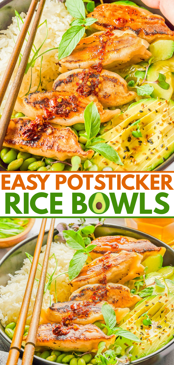 A bowl with potstickers, rice, avocado slices, edamame, fresh herbs, and a drizzle of sauce, with chopsticks resting on the side. Text reads “Easy Potsticker Rice Bowls.”.