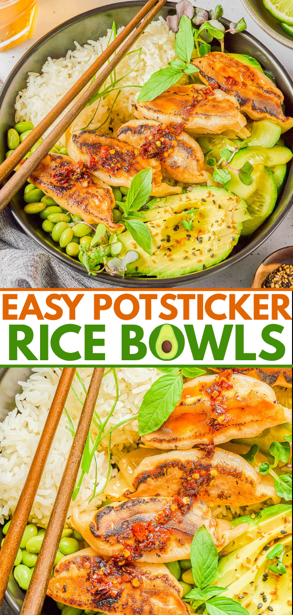 A bowl filled with white rice, potstickers, avocado slices, edamame, and fresh herbs, garnished with chili oil, with chopsticks resting on the side. Text reads