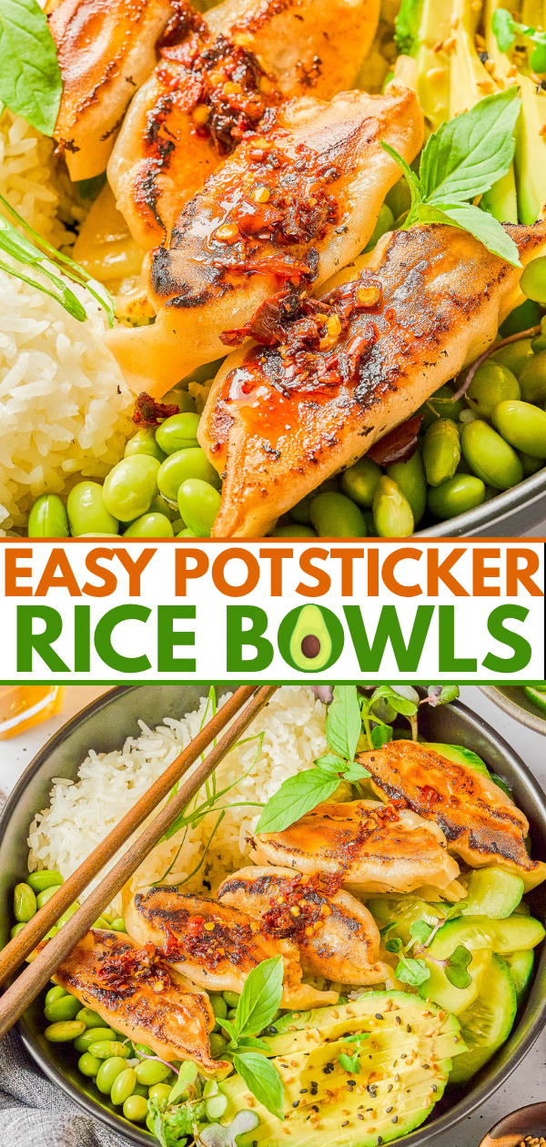 Overhead view of a rice bowl with potstickers, edamame, avocado, fresh herbs, and chopsticks; text overlay reads