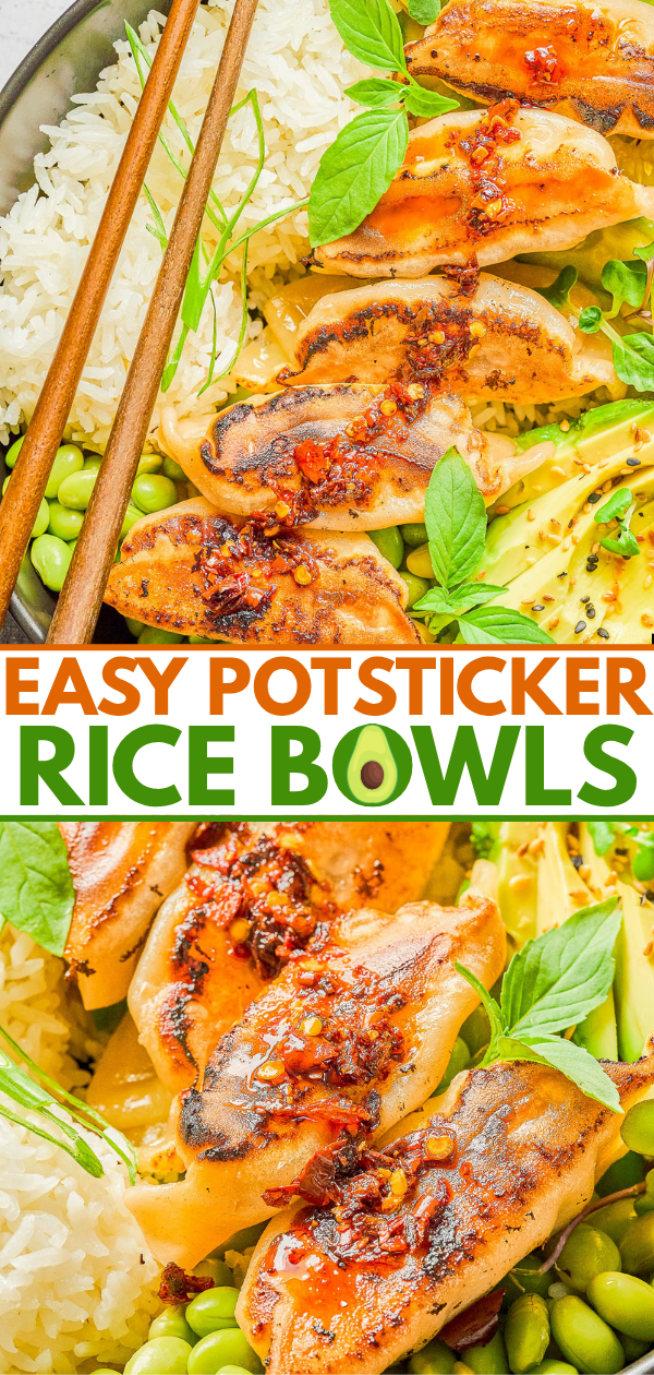 A bowl with potstickers, white rice, avocado slices, edamame, and fresh basil, topped with chili oil. Chopsticks rest on the side. Text overlay reads: