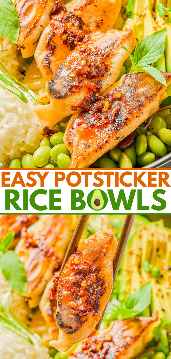 Close-up of potsticker rice bowls with white rice, potstickers topped with chili sauce, edamame, avocado slices, and fresh herbs, with chopsticks picking up a potsticker.