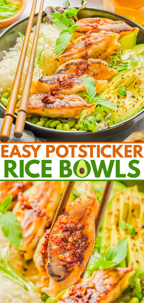 A rice bowl topped with grilled potstickers, avocado slices, edamame, fresh herbs, and chili sauce, with chopsticks resting on the bowl.