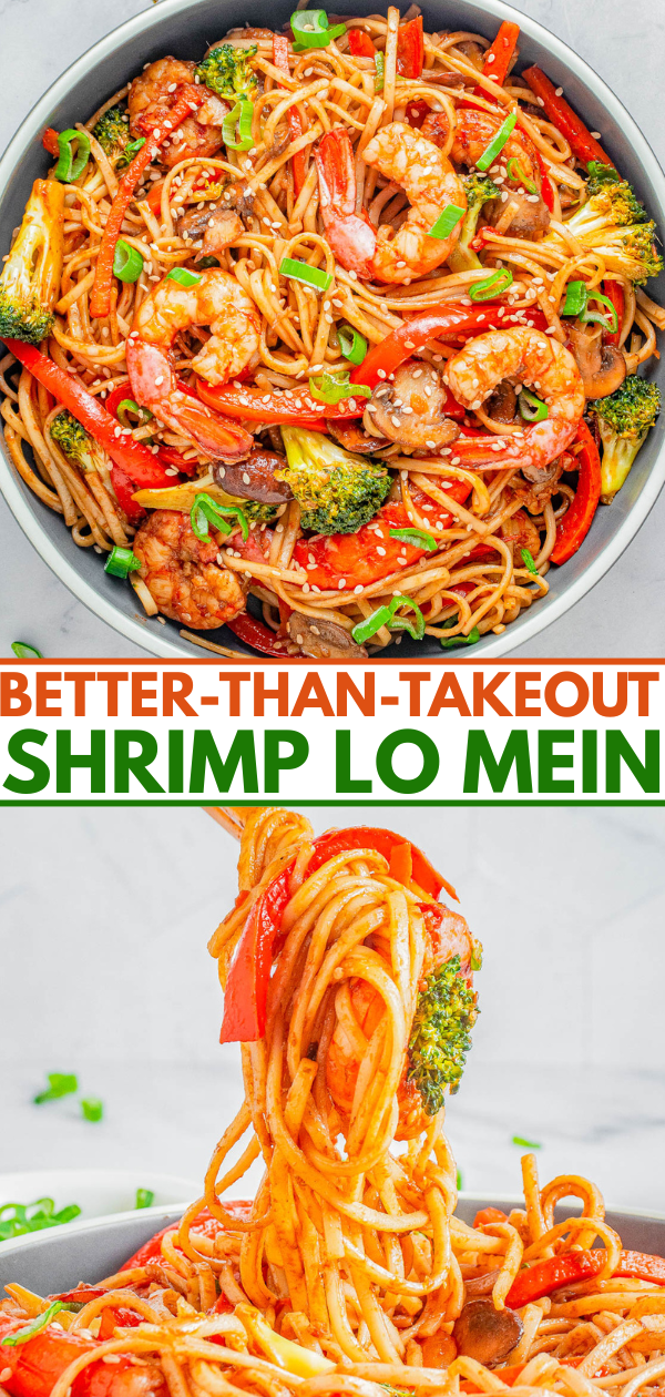 Bowl of shrimp lo mein with vegetables and noodles, garnished with sesame seeds and green onions; close-up of noodles lifted by a fork.